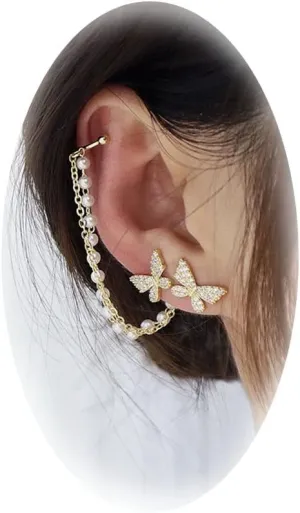 1 Pair Zircon Butterfly Earrings For Women Rhinestone Non Pierced Ear Crawler Clips Butterfly Cuff Wrap Earrings