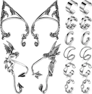 16 Pcs Elf Ear Cuffs Silver Piercing Ear Cuff Earrings Stylish Metal Sliver Colored Gothic Stud Earrings for Costume Cosplay (Elf Angel Demon Style)