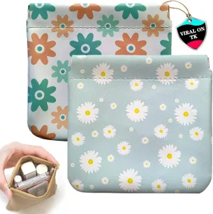 2 Pcs Small Makeup Bag for Purse, Waterproof Leather Portable Mini Makeup Bag with Snap Closure Clamp, Portable Small Cosmetic Bag Travel Storage Pouch for Coin Lipstick