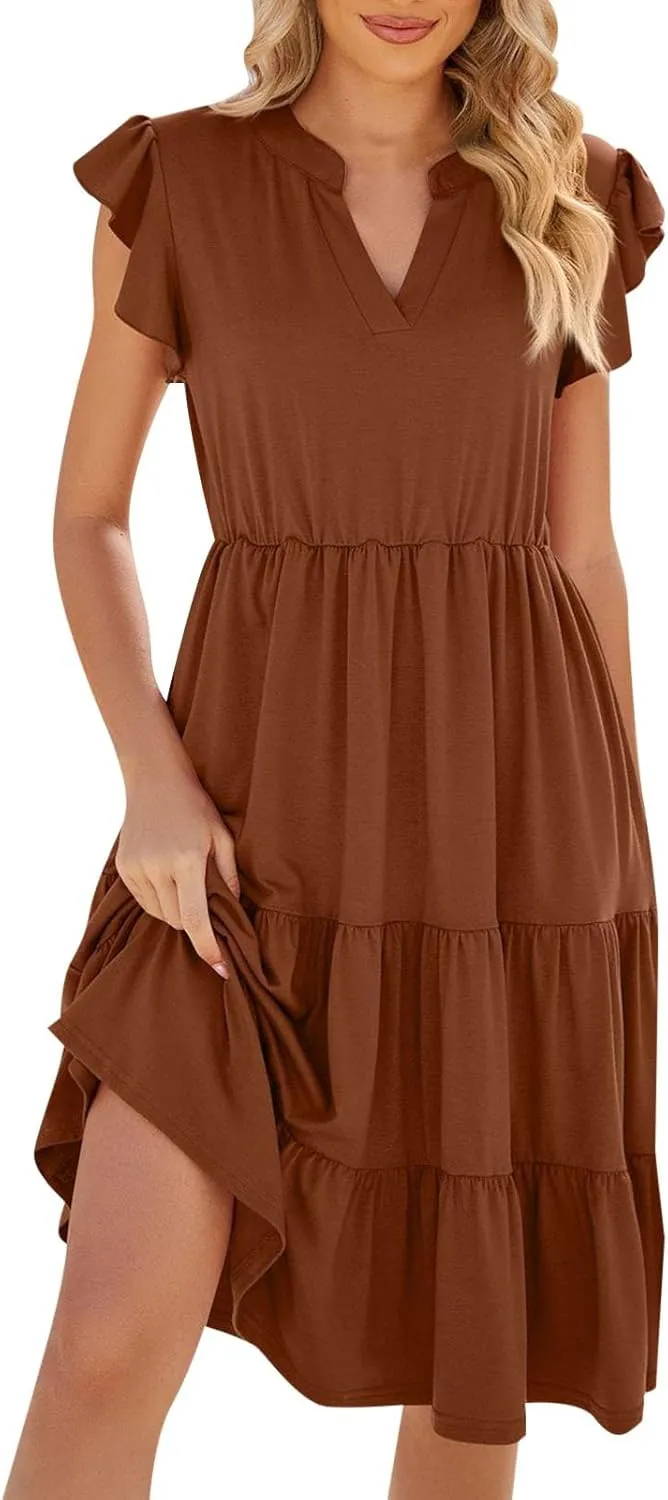 2024 Womens Casual Tiered Dress Cute Sexy V Neck Ruffle Dress Cap Sleeve Swing Midi Dress A-Line Work Beach Vacation Dresses