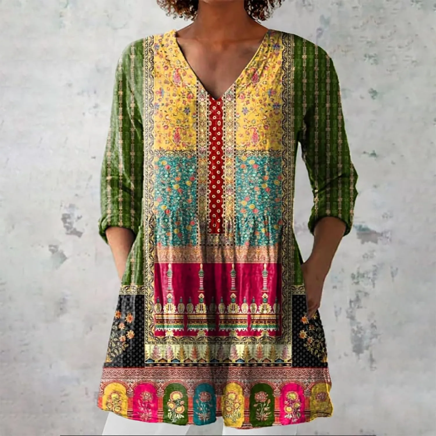 2025 Women Cotton Linen Boho Tops Casual Floral Graphic V Neck Blouses Vintage Long Sleeve Shirt Vacation Tunics