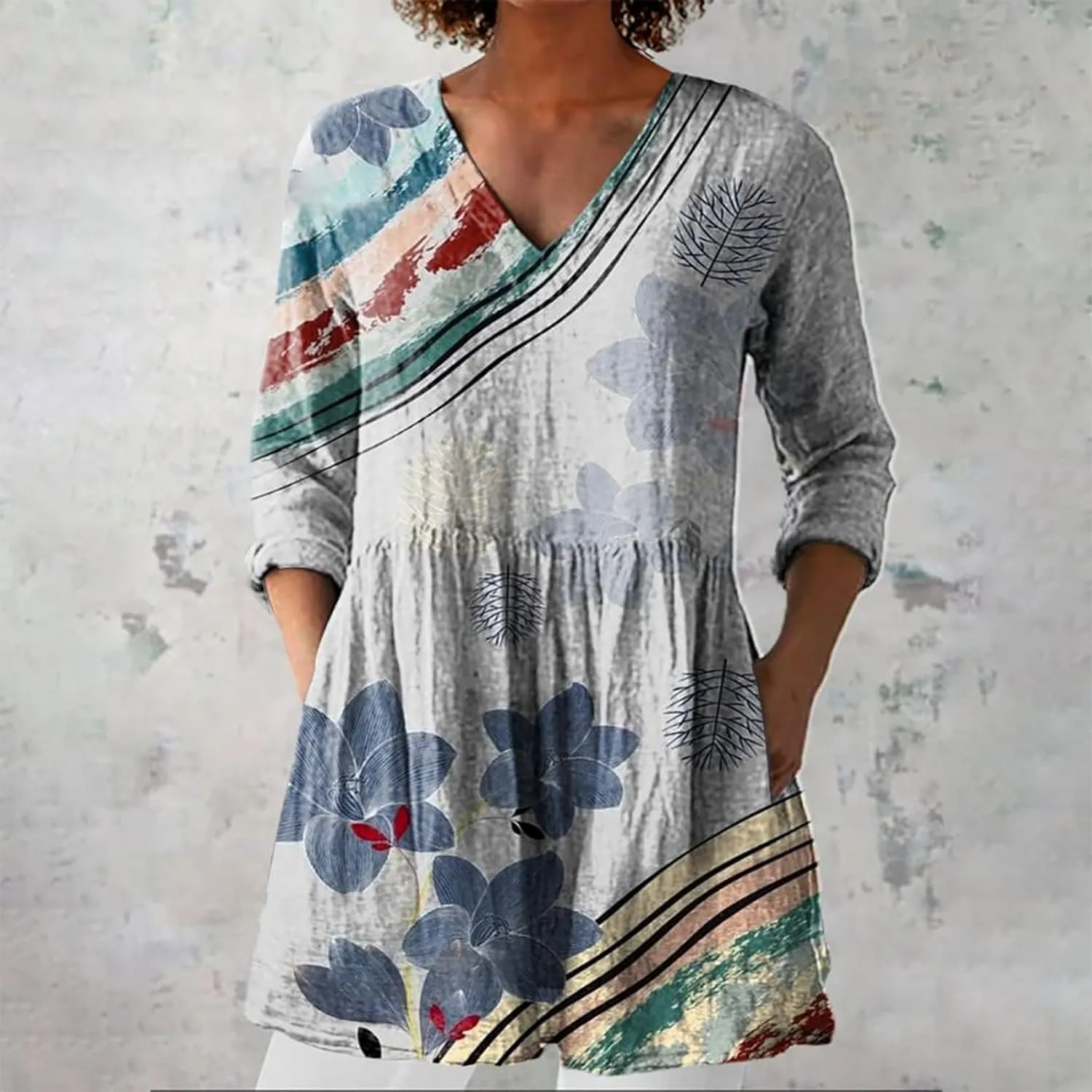 2025 Women Cotton Linen Boho Tops Casual Floral Graphic V Neck Blouses Vintage Long Sleeve Shirt Vacation Tunics