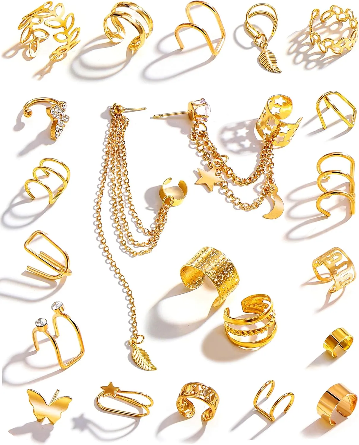 22Pcs Gold Ear Cuffs Earrings for Women Non Piercing Lightweight, Adjustable Hypoallergenic Fake Clip On Cartilage Butterfly Chain Twist Helix Leaf Wrap Earrings Set, Trendy Jewelry