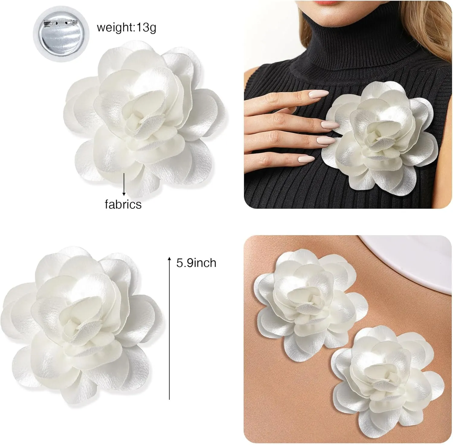 2Pack 6inch Extra Large Satin Brooches Lapel Pins Dainty Elegant Fabric Camellia Rose Flower Brooch Pin for Women Wedding Part Dance Clothes Accessories Jewelry