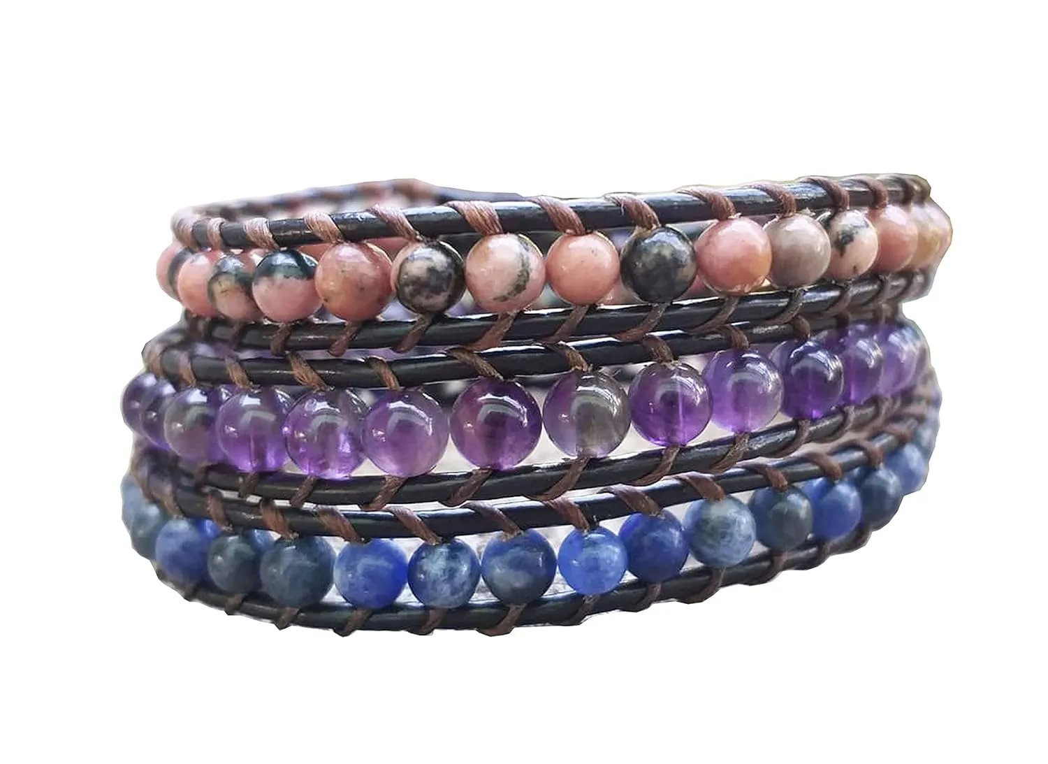 3 Wrap Rhodonite Amethyst Sodanite stone leather bracelets pink purple blue wrap bracelets beaded bracelets friendship bracelets