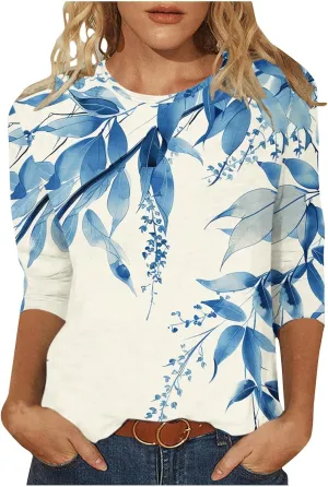 3/4 Sleeve Tops for Women Summer Butterfly Floral Paisley Print Tees Shirt Trendy Ladies Blouse Dressy Casual Clothing