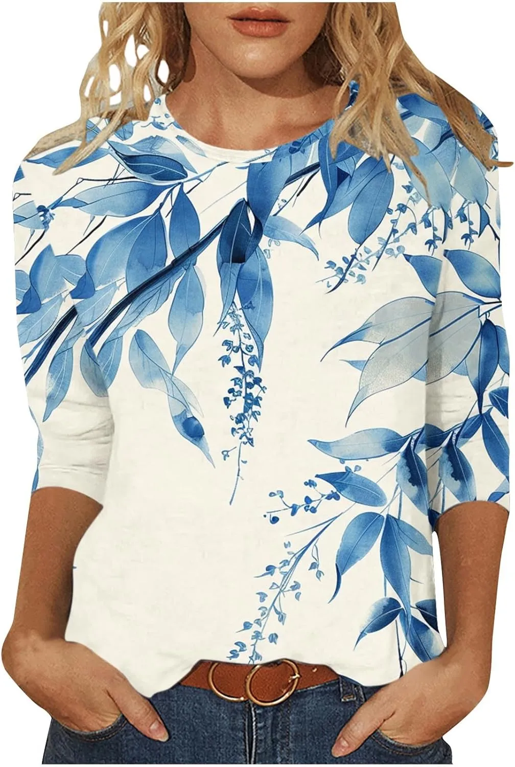 3/4 Sleeve Tops for Women Summer Butterfly Floral Paisley Print Tees Shirt Trendy Ladies Blouse Dressy Casual Clothing