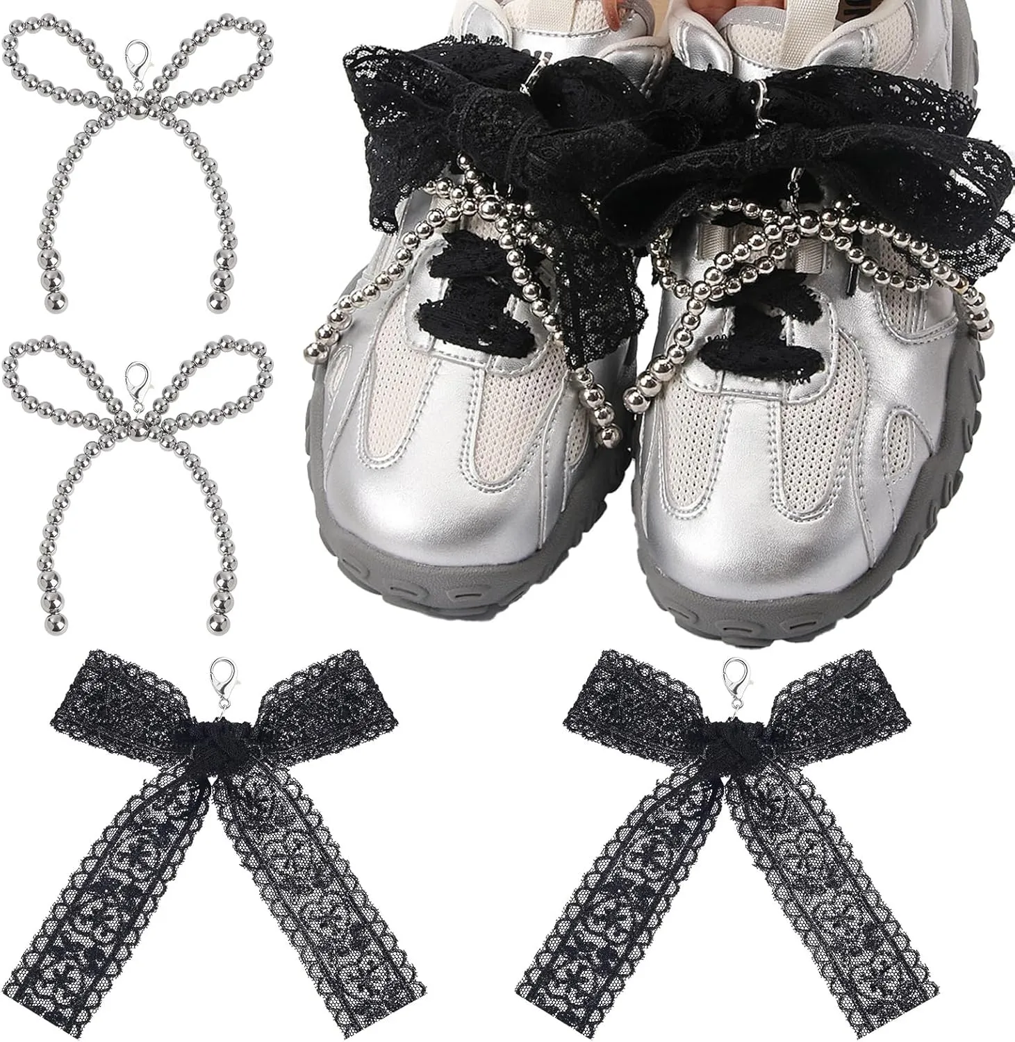 4 Pcs Pearls Bowknot Shoe Charms, Pearls Beaded Bow Shoe Lace Charms with Clasp Shoe Decoration Charms Shoe Jewelry for Women Girl DIY Casual Shoe Lace Charms Accessories