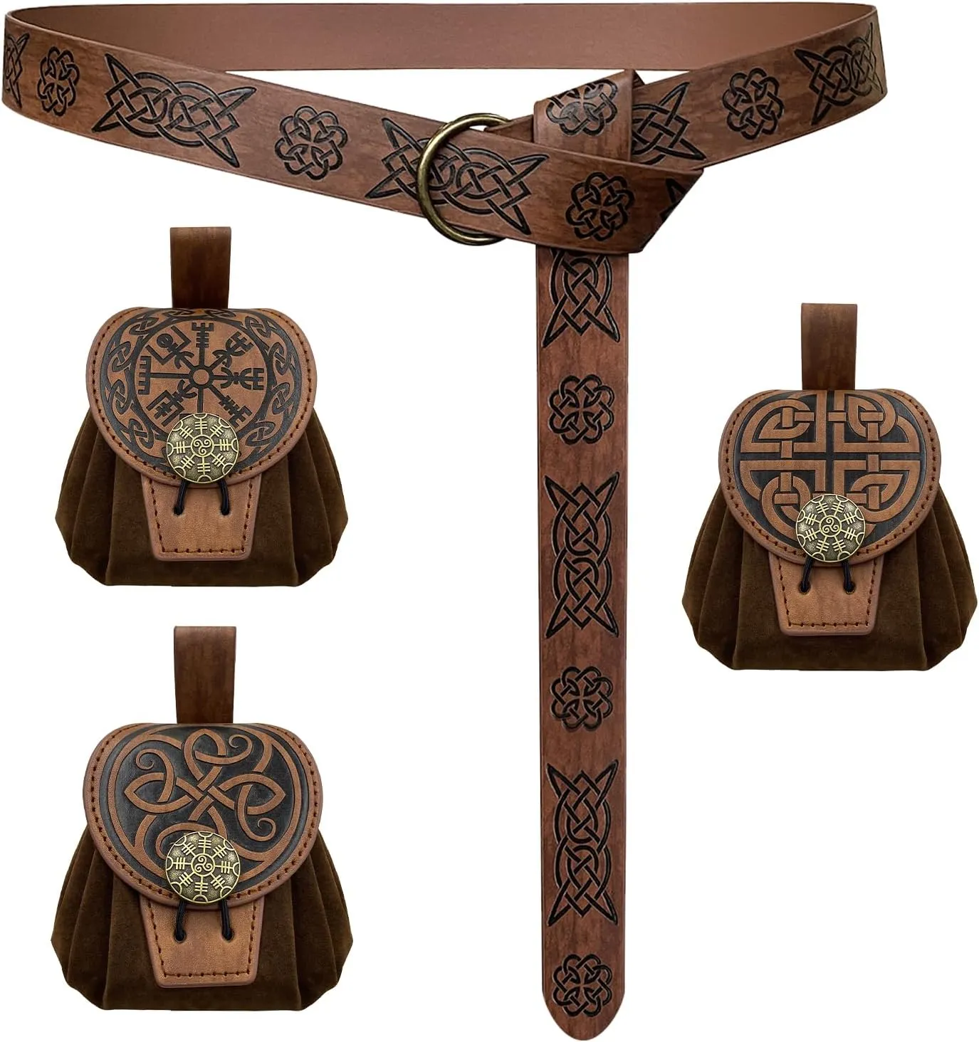4 PCsMedieval O Ring Belt and Drawstring Pouch Set, Retro Faux Leather Belt Bag Dice Bag Portable Coin Purse For LARP (Brown B)