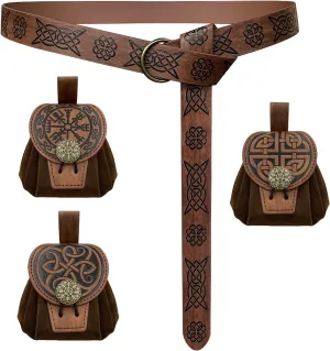 4 PCsMedieval O Ring Belt and Drawstring Pouch Set, Retro Faux Leather Belt Bag Dice Bag Portable Coin Purse For LARP (Brown B)