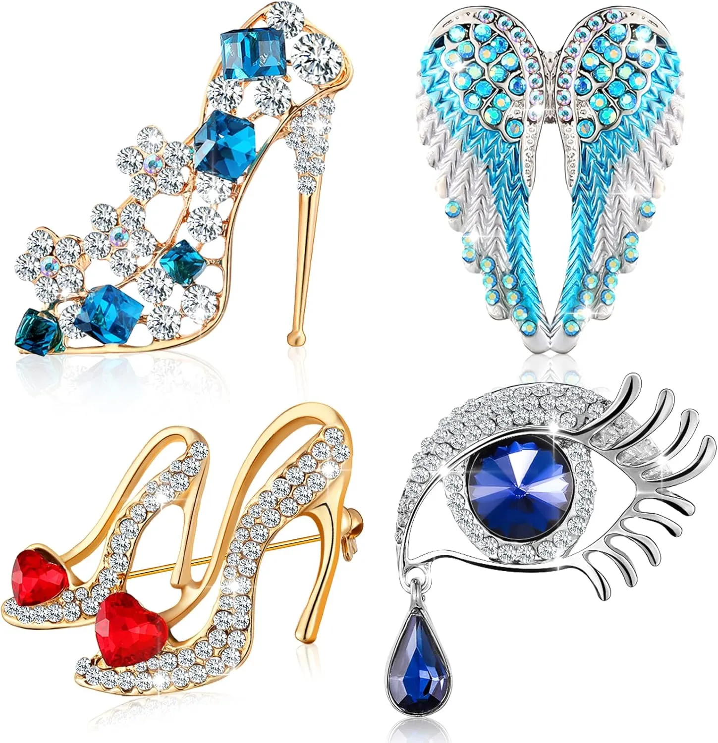 4 Pieces Brooches Pins for Women Rhinestone High Heel Crystal Brooches Princess Shoes Angel Wing Tear for Women Brides Gifts Party Favors Mom's Present