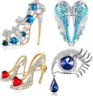 4 Pieces Brooches Pins for Women Rhinestone High Heel Crystal Brooches Princess Shoes Angel Wing Tear for Women Brides Gifts Party Favors Mom's Present
