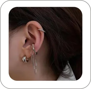4Pcs Ear Cuff Earrings for Women Trendy Non Piercing Ear Cuff with Chain Clip on Cartilage Earring Jewelry Set for Women Style2-Silver