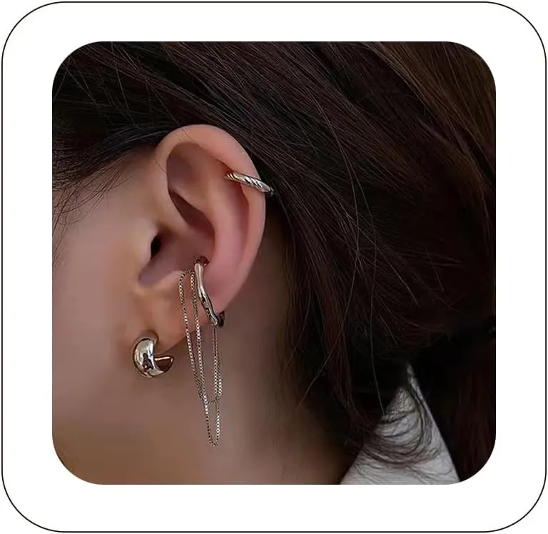 4Pcs Ear Cuff Earrings for Women Trendy Non Piercing Ear Cuff with Chain Clip on Cartilage Earring Jewelry Set for Women Style2-Silver