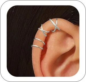 4Pcs Ear Cuffs Non Piercing Earrings Simple Cross Double Lines Ear Cuffs Minimalist Fake Helix Ear Clip on Cartilage Adjustable Fake Earrings Set for Women Men (Silver)