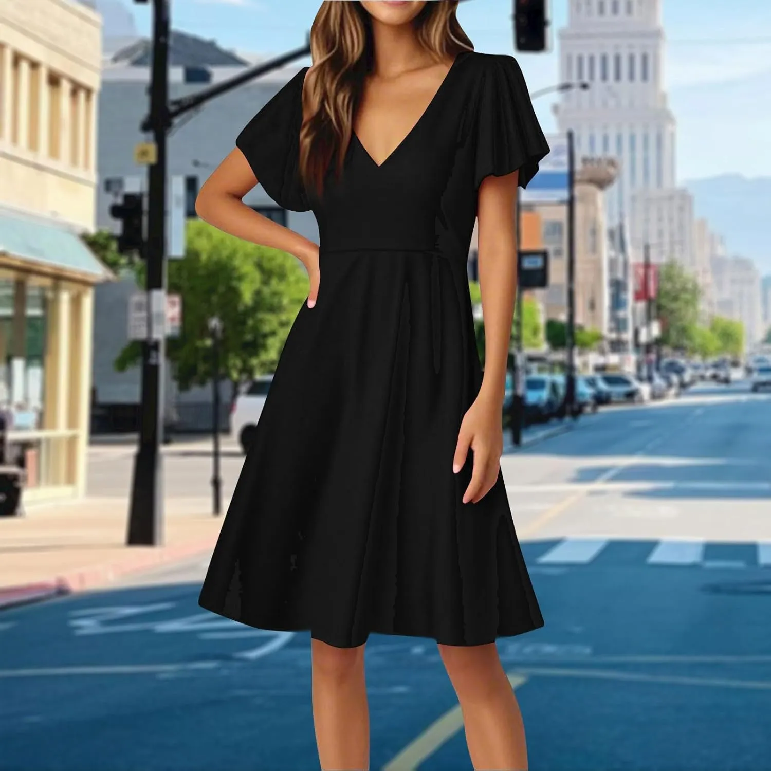 4Th of July Summer Dress for Women Formal Midi Dresses Fit and Flare V Neck Ruffle Short Sleeve Independence Day Outfit