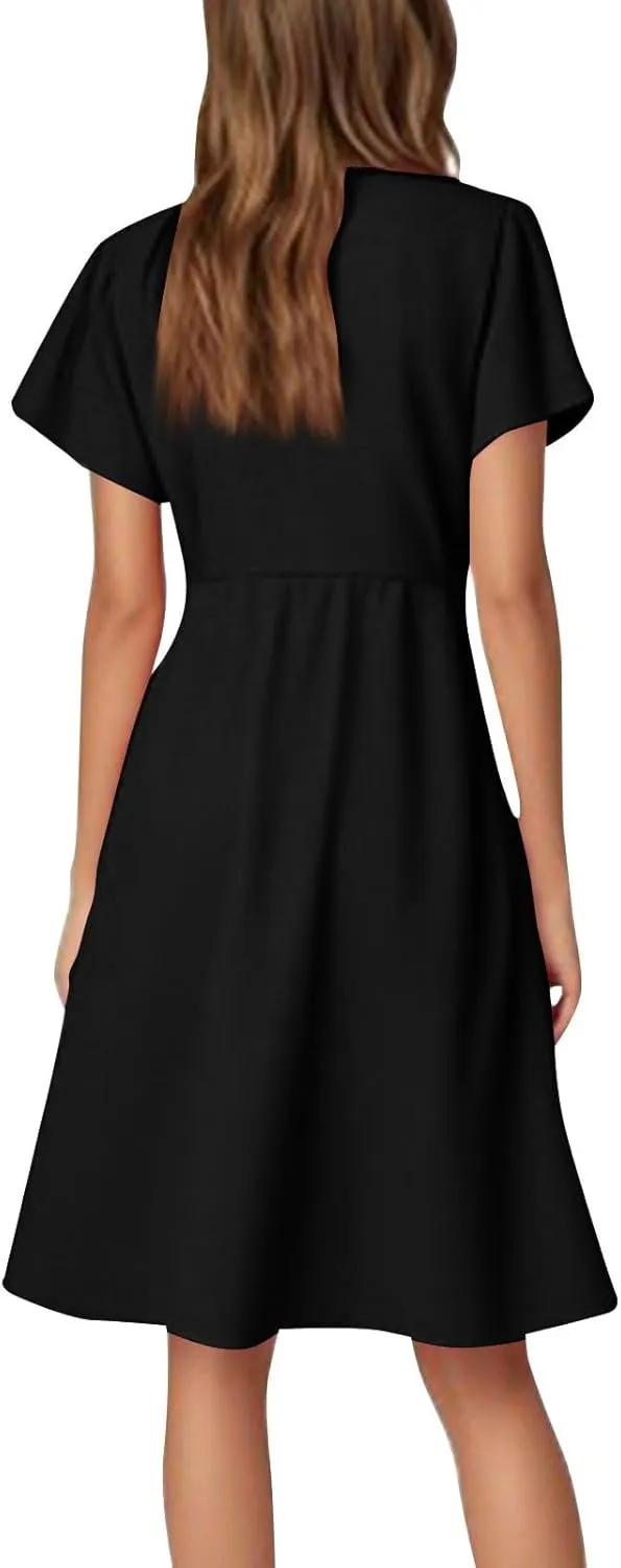 4Th of July Summer Dress for Women Formal Midi Dresses Fit and Flare V Neck Ruffle Short Sleeve Independence Day Outfit