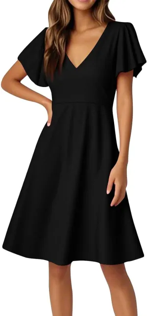 4Th of July Summer Dress for Women Formal Midi Dresses Fit and Flare V Neck Ruffle Short Sleeve Independence Day Outfit