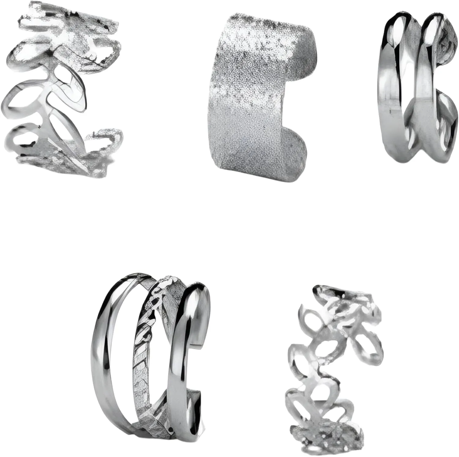 5PCS Silver Clip On Ear Cuffs for Women, Non-Pierced Punk Helix Earrings Set, Hollow Leaf and Spiral Design, Zinc Alloy Gothic Fake Cartilage Wrap Cuffs Jewelry for Party or Everyday Wear