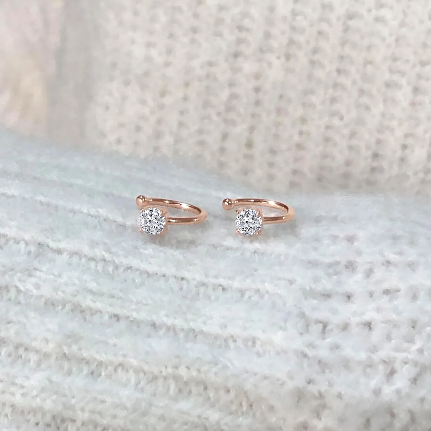 AFFY Round Sparkling Cubic Zirconia Solitaire Ear Cuff Clip On Cartilage Earrings For Women In 14K Gold Over Sterling Silver Hypoallergenic No Piercing Ears Jewelry Gift