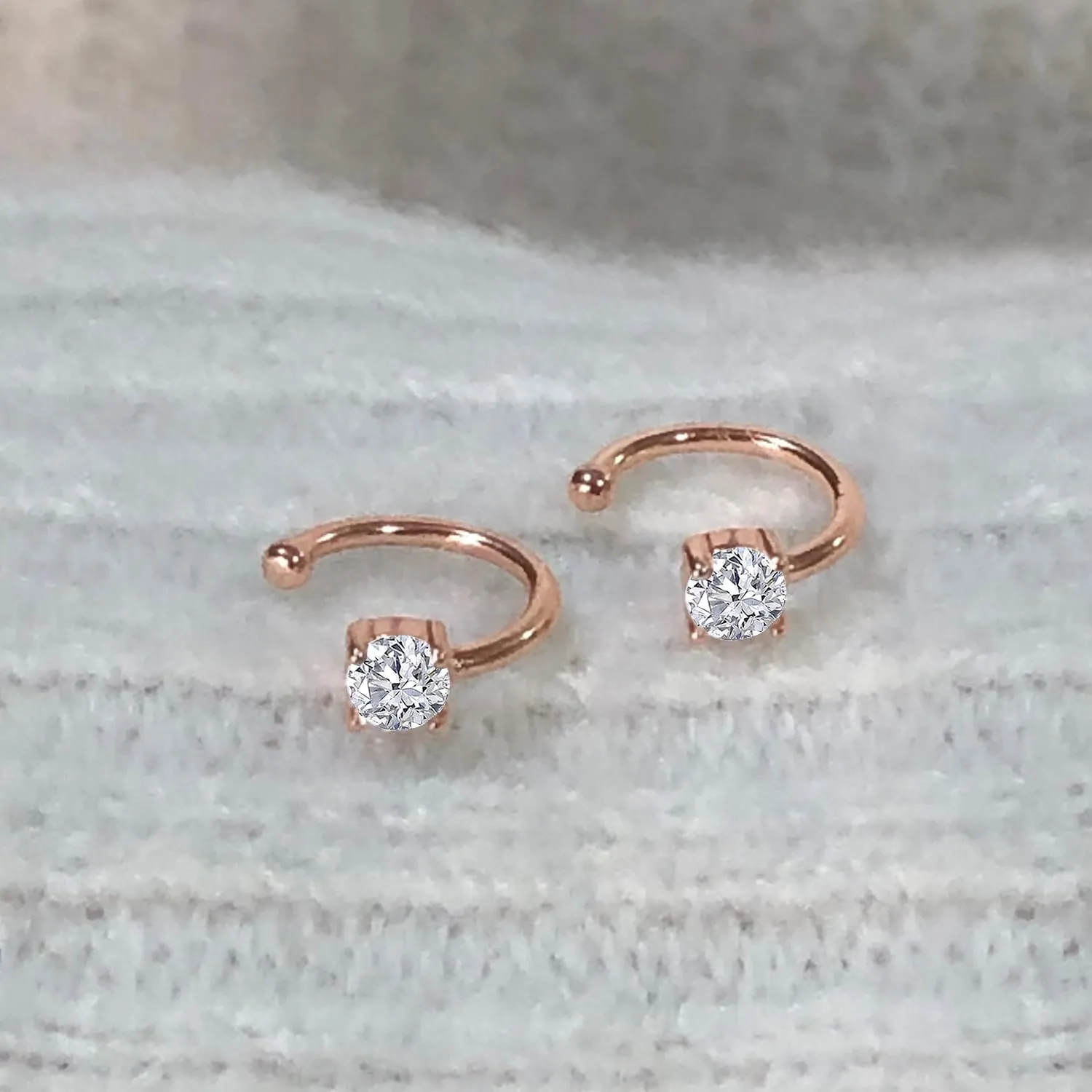 AFFY Round Sparkling Cubic Zirconia Solitaire Ear Cuff Clip On Cartilage Earrings For Women In 14K Gold Over Sterling Silver Hypoallergenic No Piercing Ears Jewelry Gift