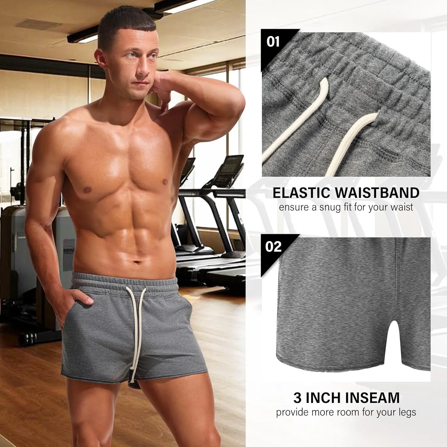 AMY COULEE Mens Workout Shorts 3 inch Cotton Gym Shorts Casual Terry Shorts with Pockets