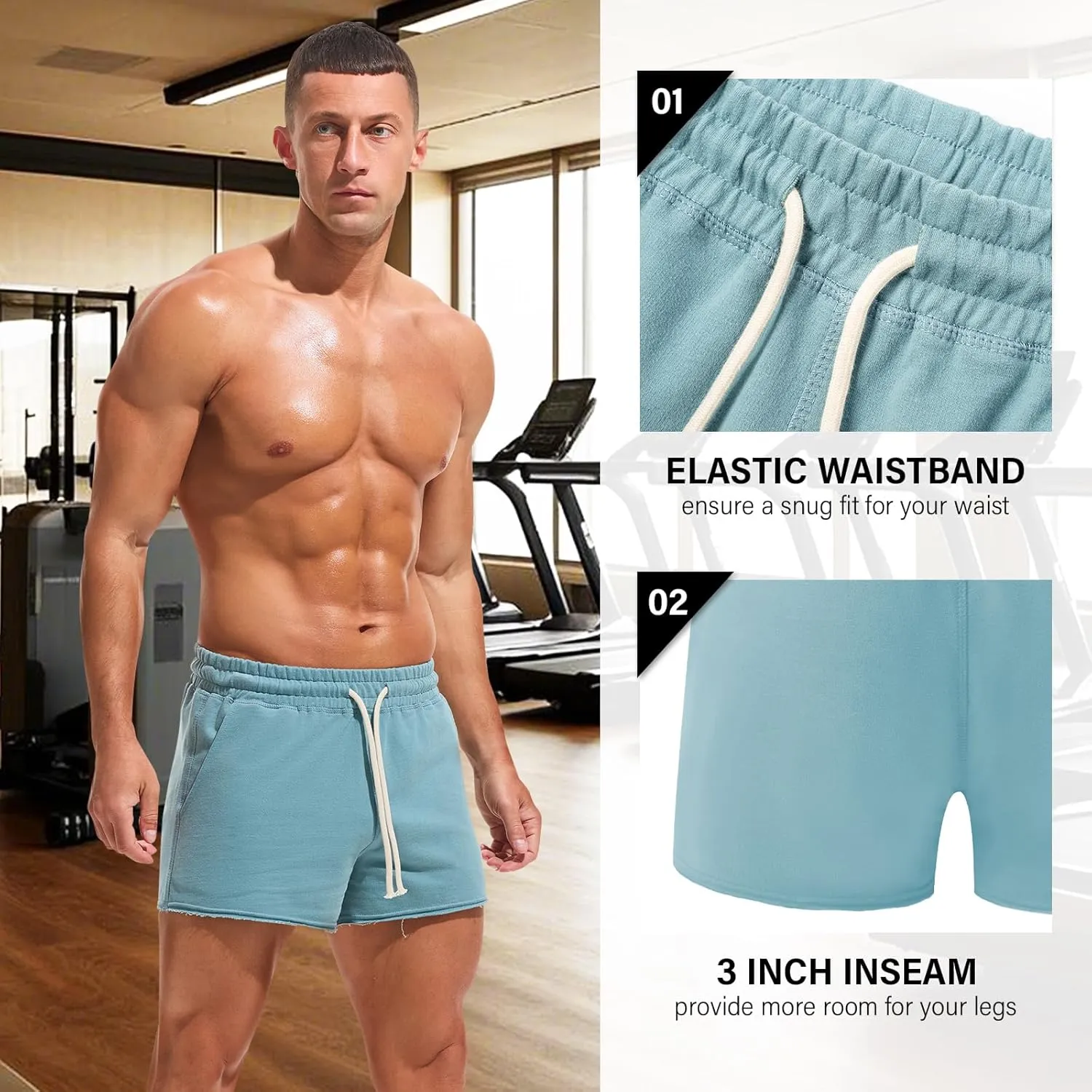 AMY COULEE Mens Workout Shorts 3 inch Cotton Gym Shorts Casual Terry Shorts with Pockets