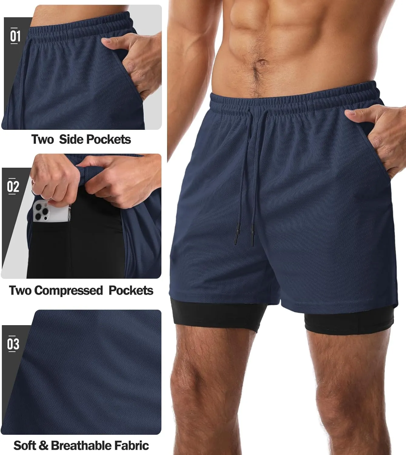 Aolesy Men's 2 in 1 Running Shorts Quick Dry Gym Shorts 5" Athletic Shorts Workout Shorts with Pockets
