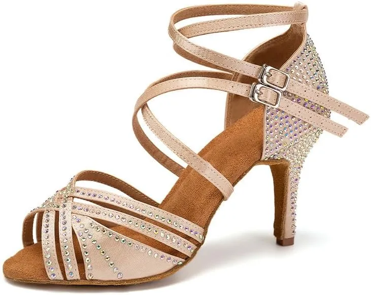 AOQUNFS Women Latin Dance Shoes Ballroom Rhinestones Salsa Practice Performance Dancing Shoes,Model D27-8.5cm