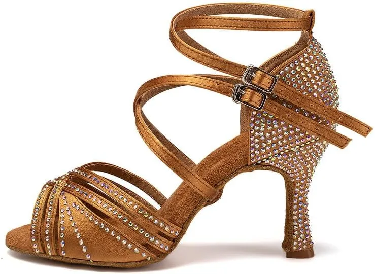 AOQUNFS Women Latin Dance Shoes Ballroom Rhinestones Salsa Practice Performance Dancing Shoes,Model D27-8.5cm