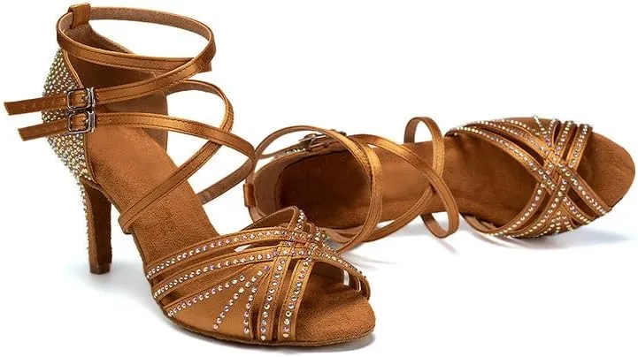 AOQUNFS Women Latin Dance Shoes Ballroom Rhinestones Salsa Practice Performance Dancing Shoes,Model D27-8.5cm