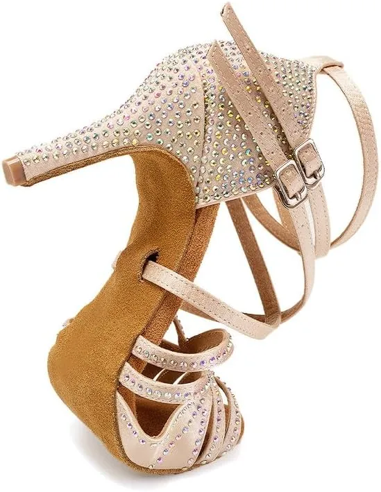AOQUNFS Women Latin Dance Shoes Ballroom Rhinestones Salsa Practice Performance Dancing Shoes,Model D27-8.5cm
