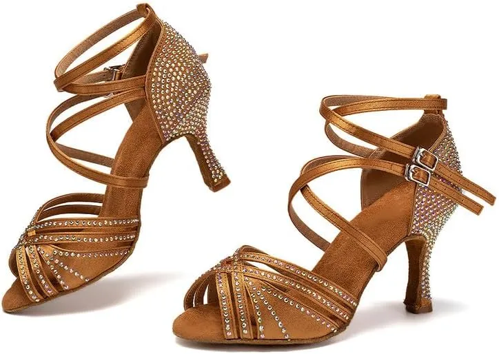 AOQUNFS Women Latin Dance Shoes Ballroom Rhinestones Salsa Practice Performance Dancing Shoes,Model D27-8.5cm