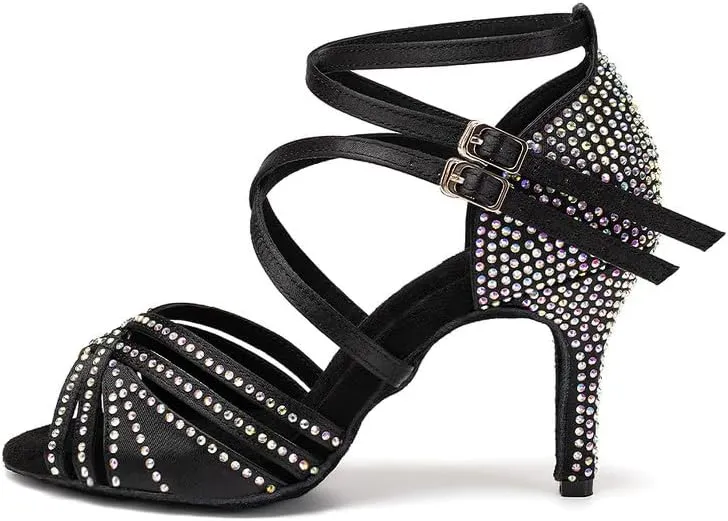 AOQUNFS Women Latin Dance Shoes Ballroom Rhinestones Salsa Practice Performance Dancing Shoes,Model D27-8.5cm
