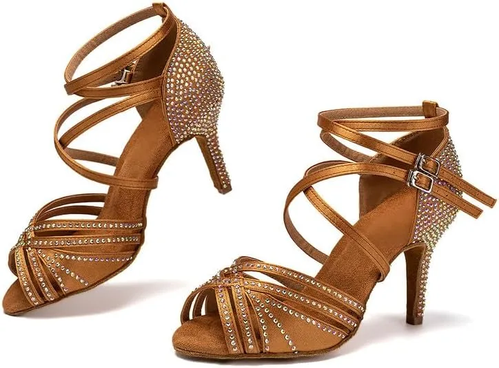 AOQUNFS Women Latin Dance Shoes Ballroom Rhinestones Salsa Practice Performance Dancing Shoes,Model D27-8.5cm