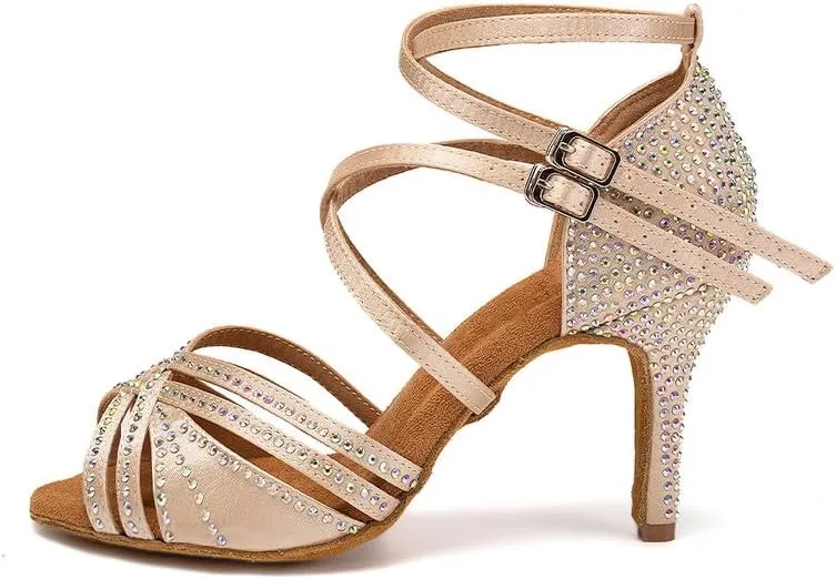 AOQUNFS Women Latin Dance Shoes Ballroom Rhinestones Salsa Practice Performance Dancing Shoes,Model D27-8.5cm