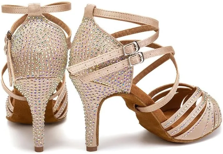 AOQUNFS Women Latin Dance Shoes Ballroom Rhinestones Salsa Practice Performance Dancing Shoes,Model D27-8.5cm
