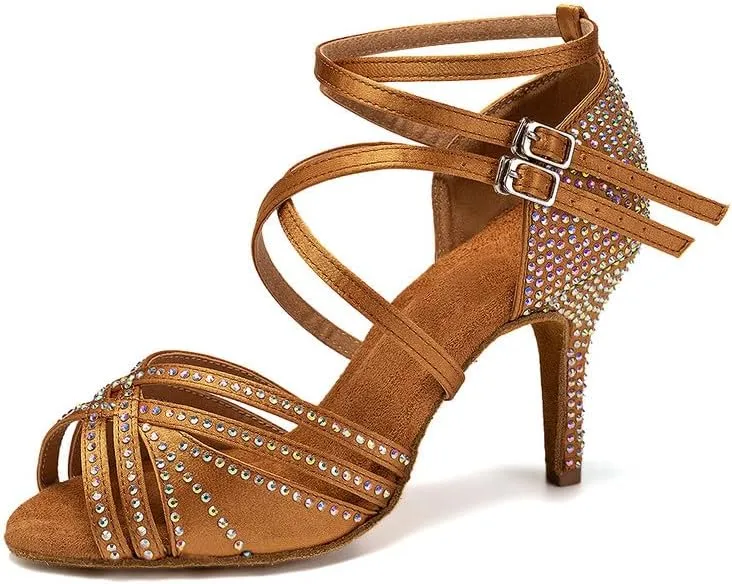 AOQUNFS Women Latin Dance Shoes Ballroom Rhinestones Salsa Practice Performance Dancing Shoes,Model D27-8.5cm