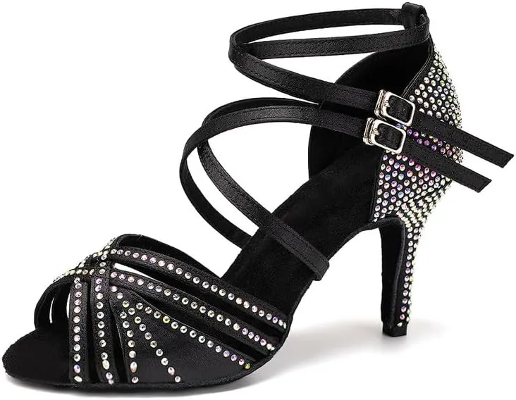 AOQUNFS Women Latin Dance Shoes Ballroom Rhinestones Salsa Practice Performance Dancing Shoes,Model D27-8.5cm