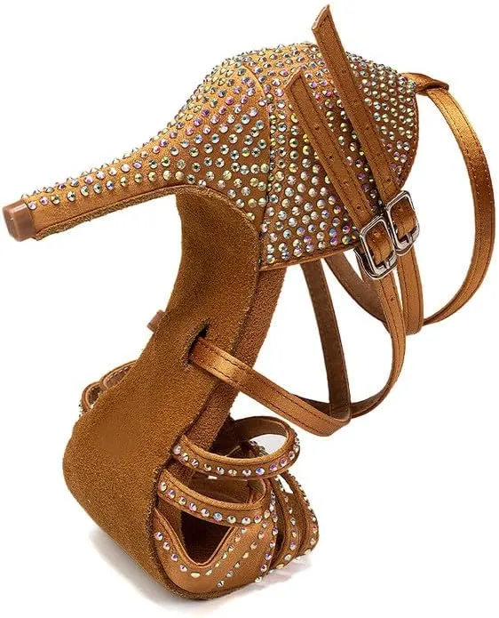 AOQUNFS Women Latin Dance Shoes Ballroom Rhinestones Salsa Practice Performance Dancing Shoes,Model D27-8.5cm