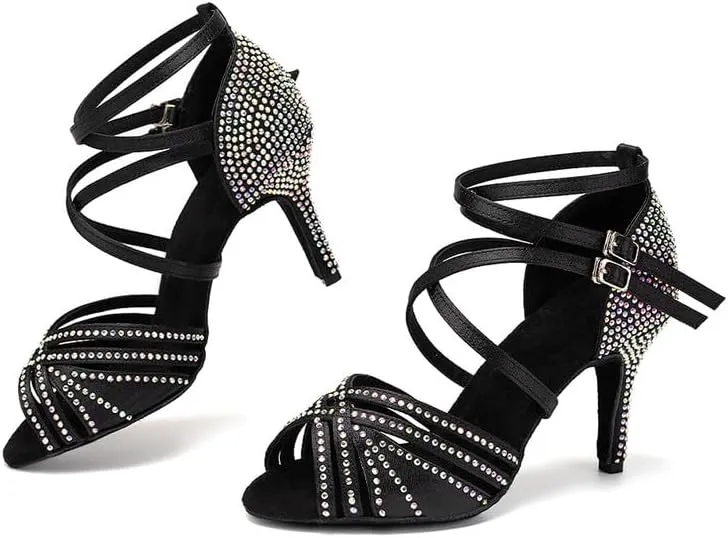 AOQUNFS Women Latin Dance Shoes Ballroom Rhinestones Salsa Practice Performance Dancing Shoes,Model D27-8.5cm