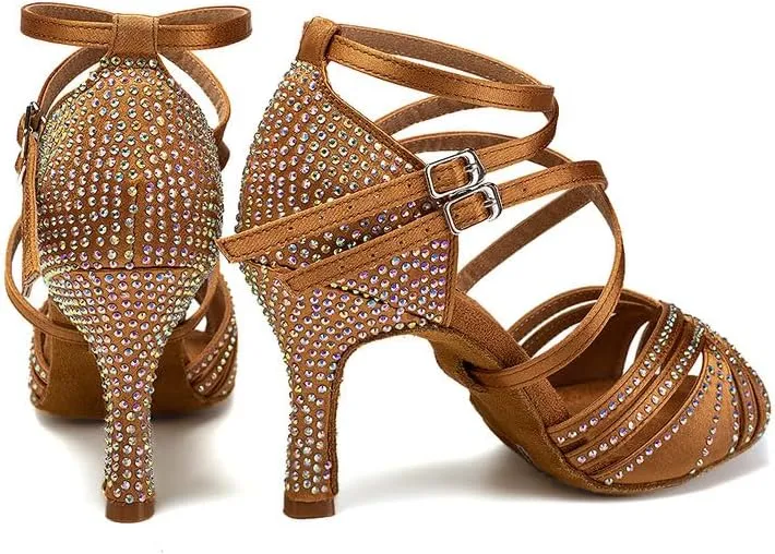 AOQUNFS Women Latin Dance Shoes Ballroom Rhinestones Salsa Practice Performance Dancing Shoes,Model D27-8.5cm
