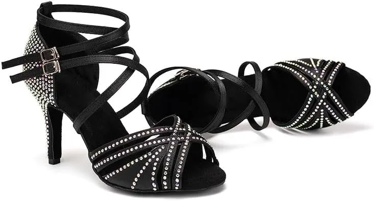 AOQUNFS Women Latin Dance Shoes Ballroom Rhinestones Salsa Practice Performance Dancing Shoes,Model D27-8.5cm