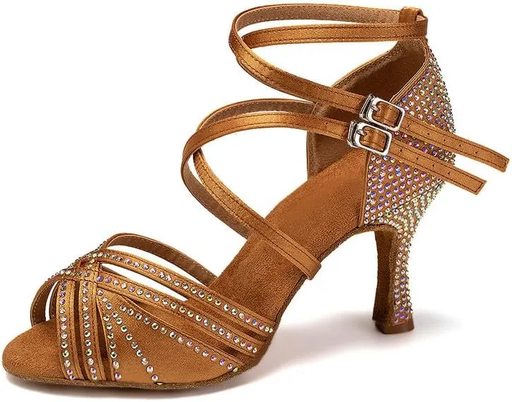 AOQUNFS Women Latin Dance Shoes Ballroom Rhinestones Salsa Practice Performance Dancing Shoes,Model D27-8.5cm