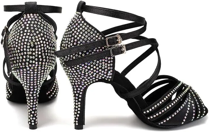 AOQUNFS Women Latin Dance Shoes Ballroom Rhinestones Salsa Practice Performance Dancing Shoes,Model D27-8.5cm