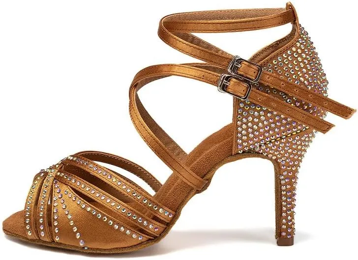 AOQUNFS Women Latin Dance Shoes Ballroom Rhinestones Salsa Practice Performance Dancing Shoes,Model D27-8.5cm