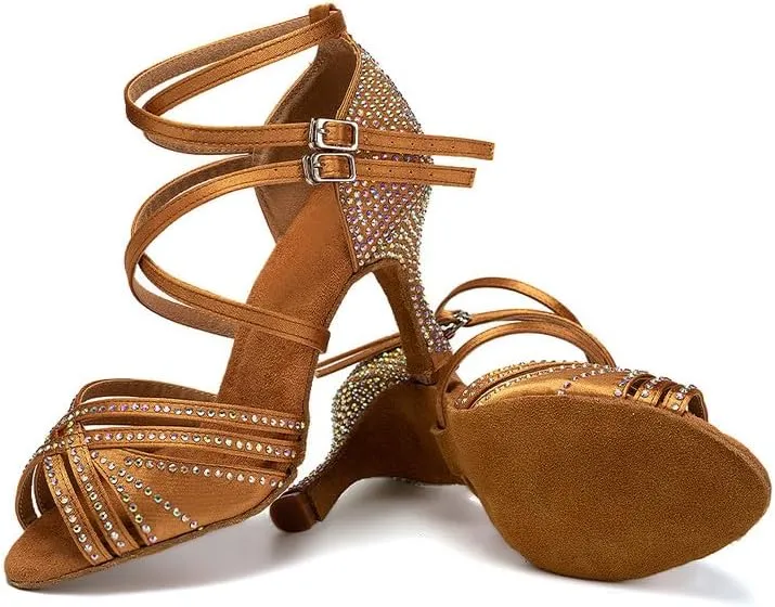 AOQUNFS Women Latin Dance Shoes Ballroom Rhinestones Salsa Practice Performance Dancing Shoes,Model D27-8.5cm
