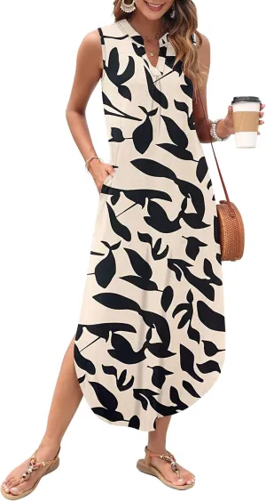 AUSELILY Womens Summer Casual Maxi Dresses 2025 Sleeveless Long Beach Dresses V Neck Loose Sundresses with Side Split Pockets