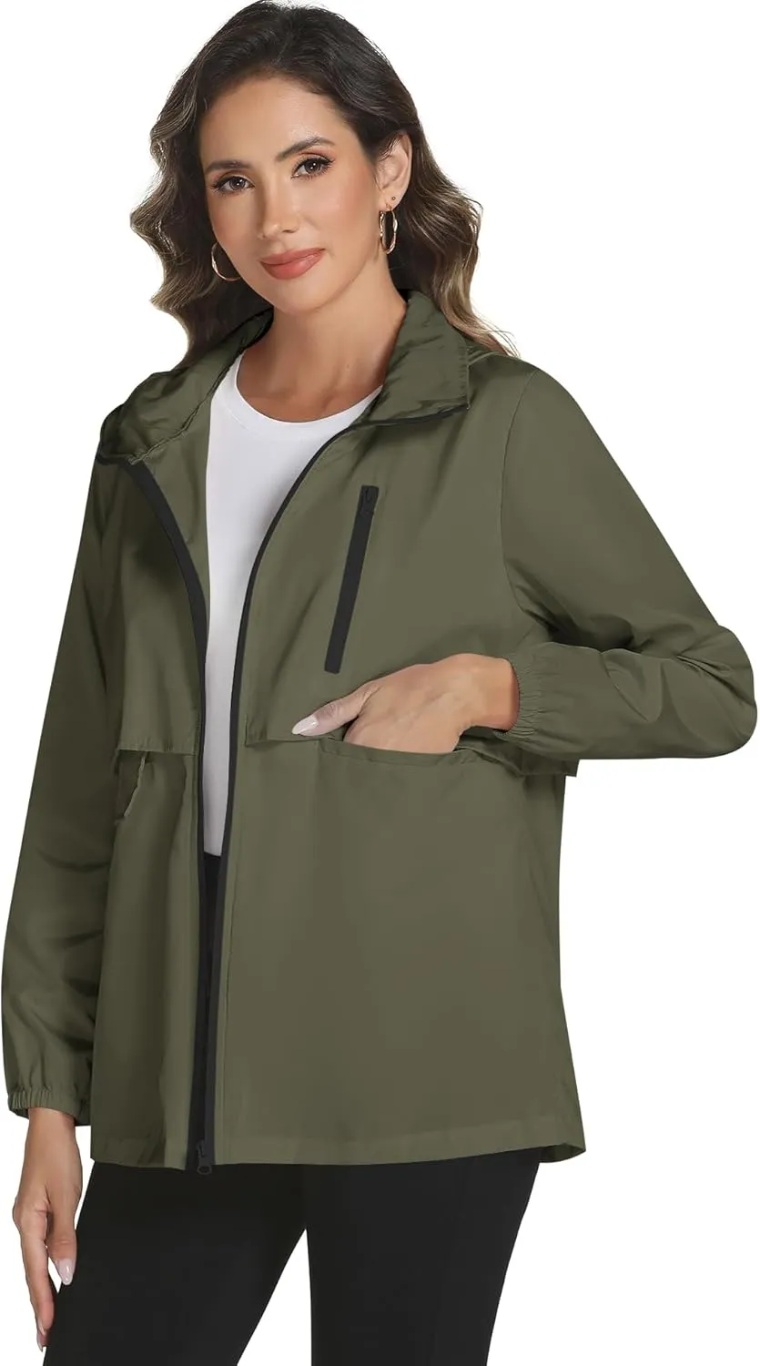 Avoogue Rain Jacket Women with Hooded Lightweight Waterproof Raincoats Packable Zipper Pockets Windbreakers