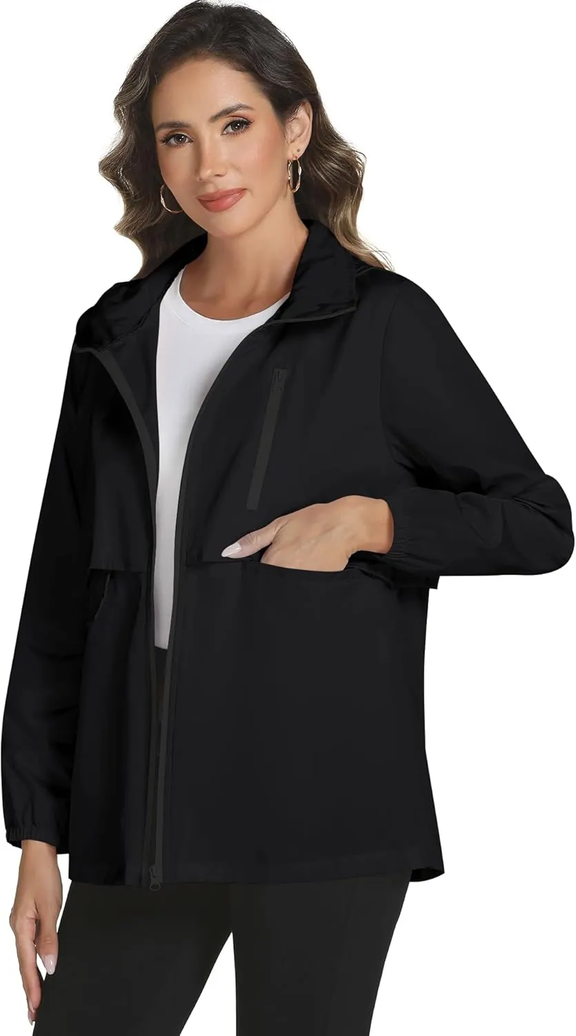 Avoogue Rain Jacket Women with Hooded Lightweight Waterproof Raincoats Packable Zipper Pockets Windbreakers